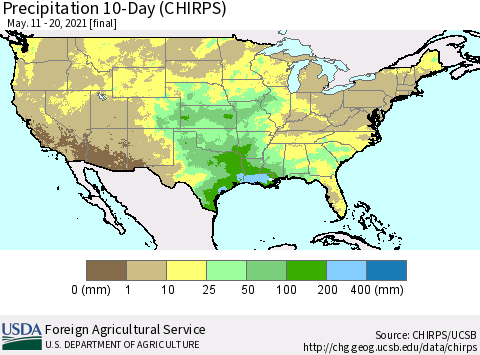 United States Precipitation 10-Day (CHIRPS) Thematic Map For 5/11/2021 - 5/20/2021