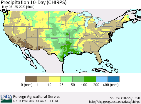 United States Precipitation 10-Day (CHIRPS) Thematic Map For 5/16/2021 - 5/25/2021