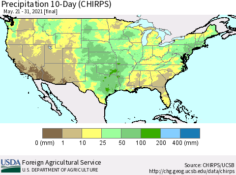 United States Precipitation 10-Day (CHIRPS) Thematic Map For 5/21/2021 - 5/31/2021