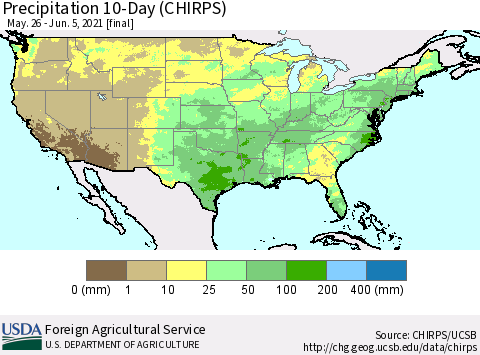 United States Precipitation 10-Day (CHIRPS) Thematic Map For 5/26/2021 - 6/5/2021