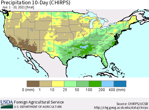 United States Precipitation 10-Day (CHIRPS) Thematic Map For 6/1/2021 - 6/10/2021