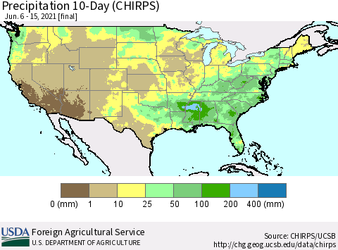 United States Precipitation 10-Day (CHIRPS) Thematic Map For 6/6/2021 - 6/15/2021