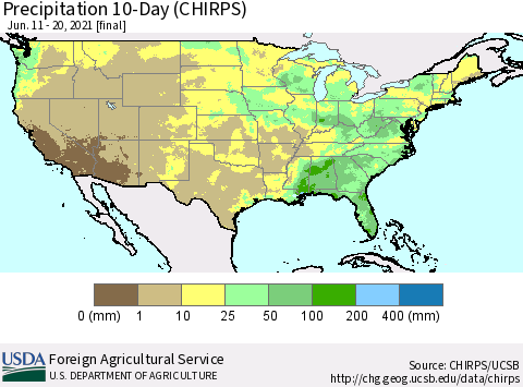 United States Precipitation 10-Day (CHIRPS) Thematic Map For 6/11/2021 - 6/20/2021