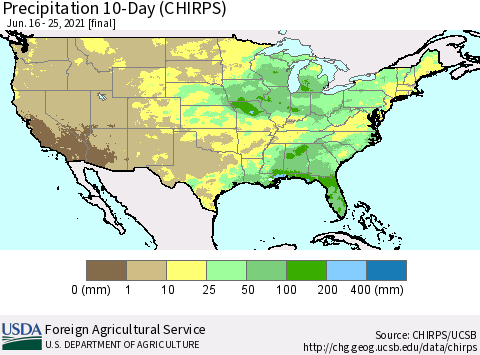United States Precipitation 10-Day (CHIRPS) Thematic Map For 6/16/2021 - 6/25/2021