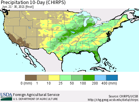 United States Precipitation 10-Day (CHIRPS) Thematic Map For 6/21/2021 - 6/30/2021