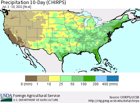 United States Precipitation 10-Day (CHIRPS) Thematic Map For 7/1/2021 - 7/10/2021