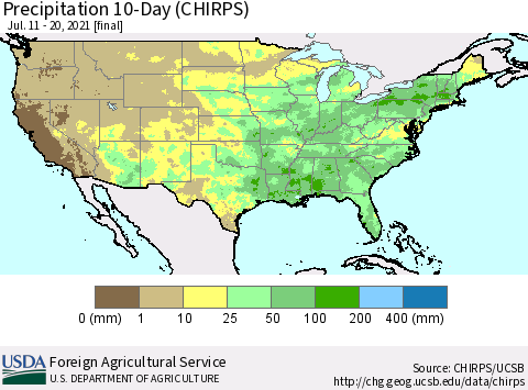United States Precipitation 10-Day (CHIRPS) Thematic Map For 7/11/2021 - 7/20/2021