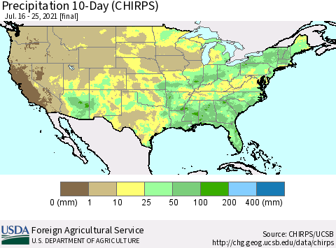 United States Precipitation 10-Day (CHIRPS) Thematic Map For 7/16/2021 - 7/25/2021