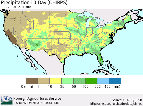United States Precipitation 10-Day (CHIRPS) Thematic Map For 7/21/2021 - 7/31/2021