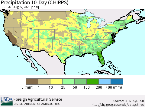 United States Precipitation 10-Day (CHIRPS) Thematic Map For 7/26/2021 - 8/5/2021