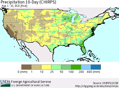United States Precipitation 10-Day (CHIRPS) Thematic Map For 8/1/2021 - 8/10/2021