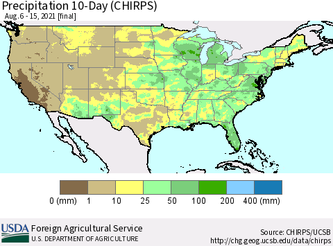 United States Precipitation 10-Day (CHIRPS) Thematic Map For 8/6/2021 - 8/15/2021