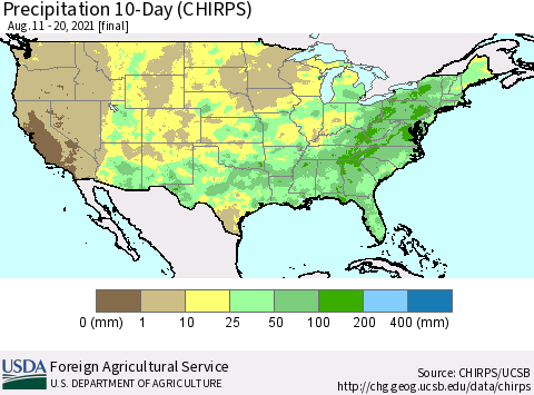 United States Precipitation 10-Day (CHIRPS) Thematic Map For 8/11/2021 - 8/20/2021