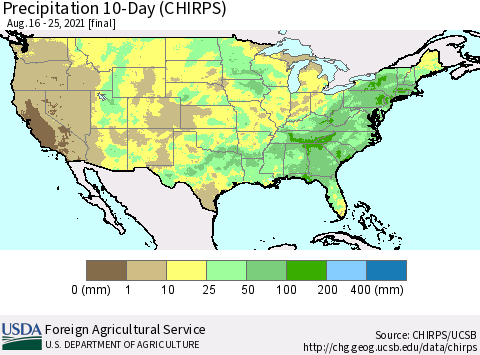 United States Precipitation 10-Day (CHIRPS) Thematic Map For 8/16/2021 - 8/25/2021