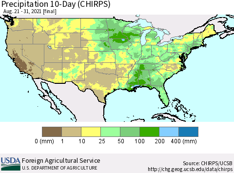 United States Precipitation 10-Day (CHIRPS) Thematic Map For 8/21/2021 - 8/31/2021