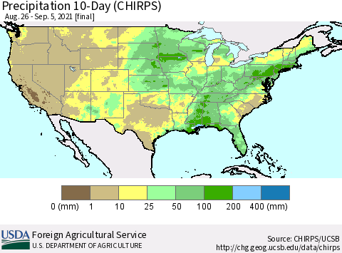 United States Precipitation 10-Day (CHIRPS) Thematic Map For 8/26/2021 - 9/5/2021