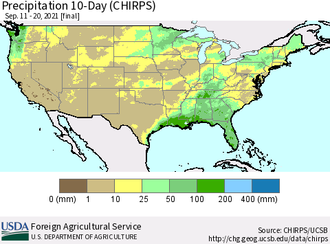 United States Precipitation 10-Day (CHIRPS) Thematic Map For 9/11/2021 - 9/20/2021