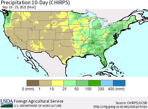 United States Precipitation 10-Day (CHIRPS) Thematic Map For 9/16/2021 - 9/25/2021