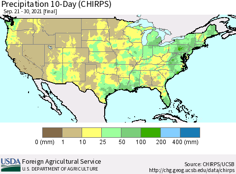 United States Precipitation 10-Day (CHIRPS) Thematic Map For 9/21/2021 - 9/30/2021