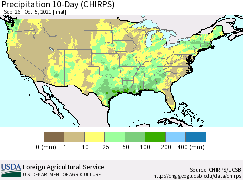 United States Precipitation 10-Day (CHIRPS) Thematic Map For 9/26/2021 - 10/5/2021