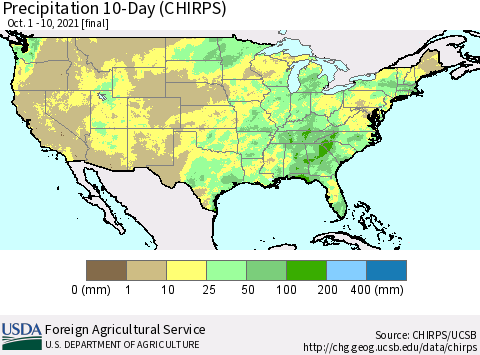 United States Precipitation 10-Day (CHIRPS) Thematic Map For 10/1/2021 - 10/10/2021