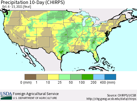 United States Precipitation 10-Day (CHIRPS) Thematic Map For 10/6/2021 - 10/15/2021