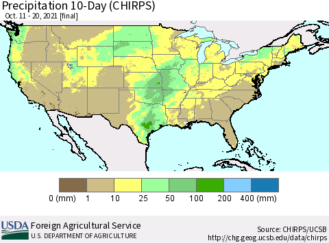 United States Precipitation 10-Day (CHIRPS) Thematic Map For 10/11/2021 - 10/20/2021