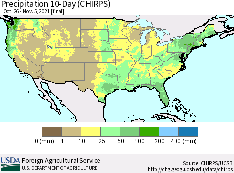 United States Precipitation 10-Day (CHIRPS) Thematic Map For 10/26/2021 - 11/5/2021