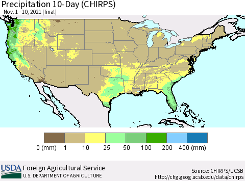 United States Precipitation 10-Day (CHIRPS) Thematic Map For 11/1/2021 - 11/10/2021