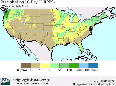 United States Precipitation 10-Day (CHIRPS) Thematic Map For 11/11/2021 - 11/20/2021