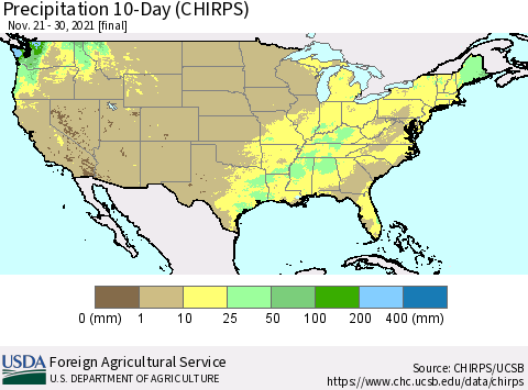 United States Precipitation 10-Day (CHIRPS) Thematic Map For 11/21/2021 - 11/30/2021