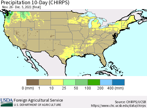 United States Precipitation 10-Day (CHIRPS) Thematic Map For 11/26/2021 - 12/5/2021