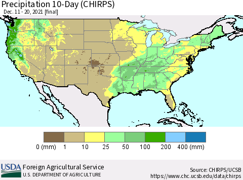 United States Precipitation 10-Day (CHIRPS) Thematic Map For 12/11/2021 - 12/20/2021
