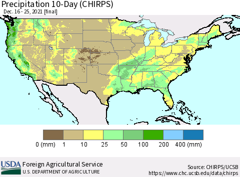 United States Precipitation 10-Day (CHIRPS) Thematic Map For 12/16/2021 - 12/25/2021