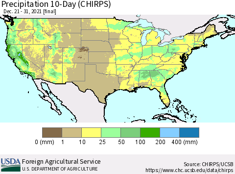 United States Precipitation 10-Day (CHIRPS) Thematic Map For 12/21/2021 - 12/31/2021