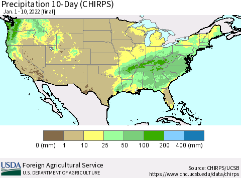 United States Precipitation 10-Day (CHIRPS) Thematic Map For 1/1/2022 - 1/10/2022