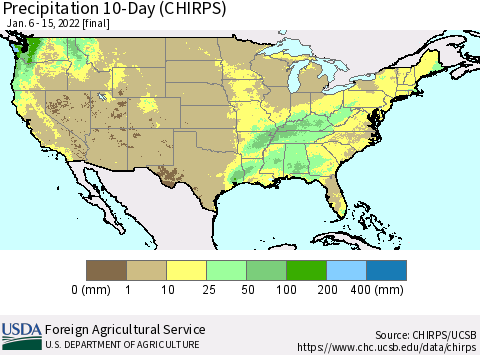 United States Precipitation 10-Day (CHIRPS) Thematic Map For 1/6/2022 - 1/15/2022