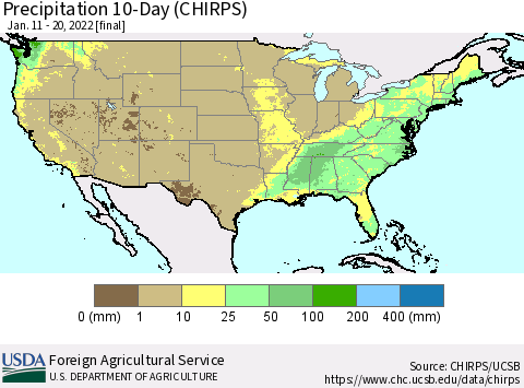 United States Precipitation 10-Day (CHIRPS) Thematic Map For 1/11/2022 - 1/20/2022