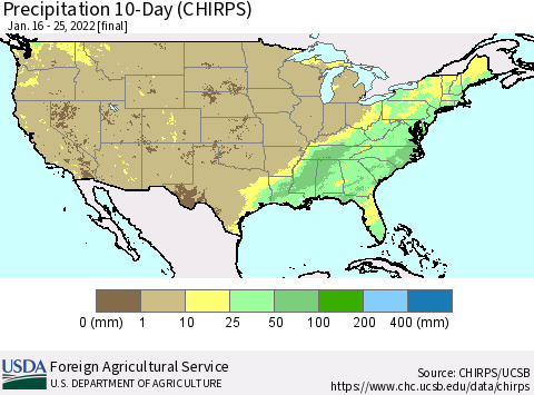United States Precipitation 10-Day (CHIRPS) Thematic Map For 1/16/2022 - 1/25/2022