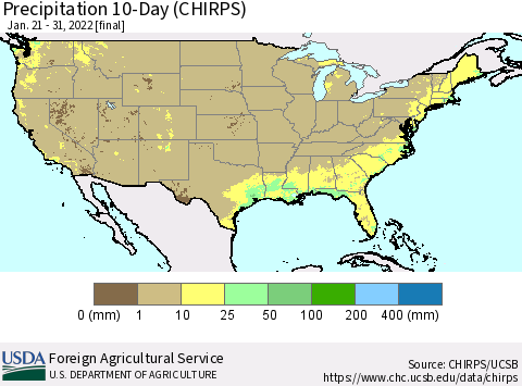 United States Precipitation 10-Day (CHIRPS) Thematic Map For 1/21/2022 - 1/31/2022