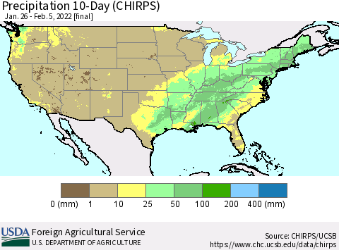 United States Precipitation 10-Day (CHIRPS) Thematic Map For 1/26/2022 - 2/5/2022