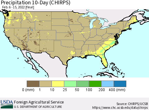 United States Precipitation 10-Day (CHIRPS) Thematic Map For 2/6/2022 - 2/15/2022