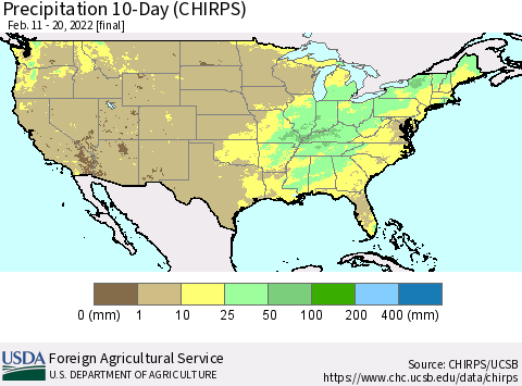 United States Precipitation 10-Day (CHIRPS) Thematic Map For 2/11/2022 - 2/20/2022