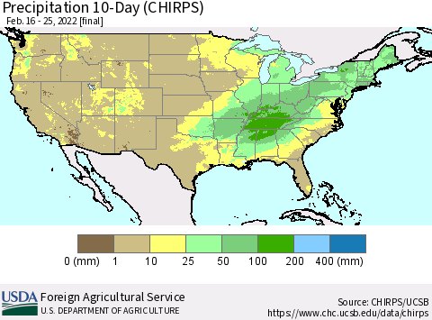 United States Precipitation 10-Day (CHIRPS) Thematic Map For 2/16/2022 - 2/25/2022