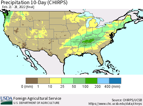 United States Precipitation 10-Day (CHIRPS) Thematic Map For 2/21/2022 - 2/28/2022