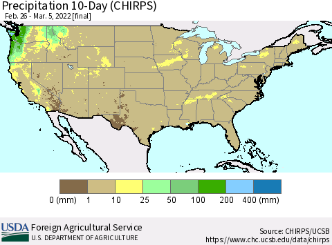 United States Precipitation 10-Day (CHIRPS) Thematic Map For 2/26/2022 - 3/5/2022