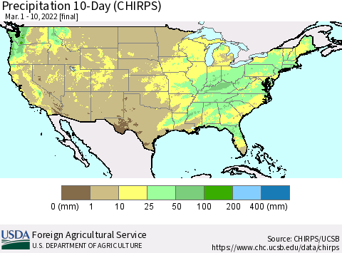 United States Precipitation 10-Day (CHIRPS) Thematic Map For 3/1/2022 - 3/10/2022