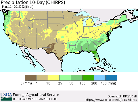 United States Precipitation 10-Day (CHIRPS) Thematic Map For 3/11/2022 - 3/20/2022