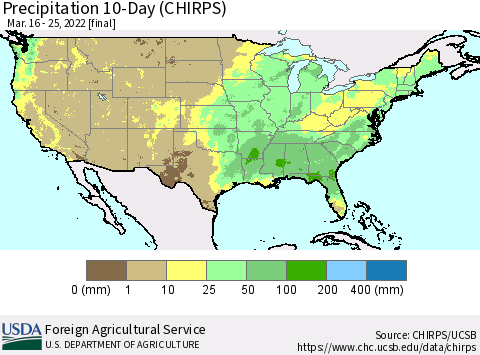 United States Precipitation 10-Day (CHIRPS) Thematic Map For 3/16/2022 - 3/25/2022
