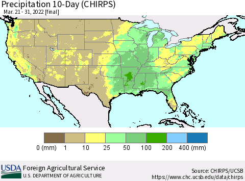 United States Precipitation 10-Day (CHIRPS) Thematic Map For 3/21/2022 - 3/31/2022